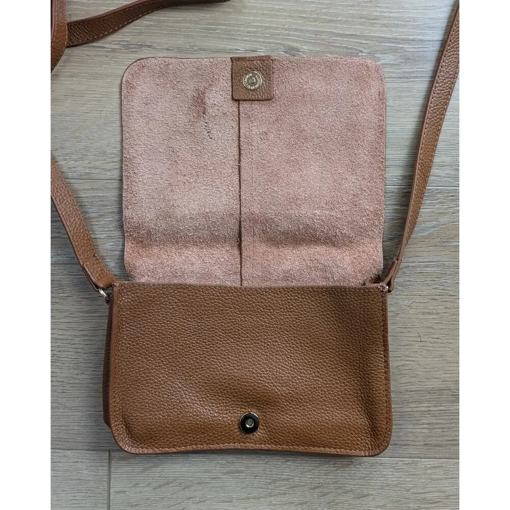 BTB Los Angeles Mini Crossbody Bag Leather Cognac Pebble Flap Close Minimalist